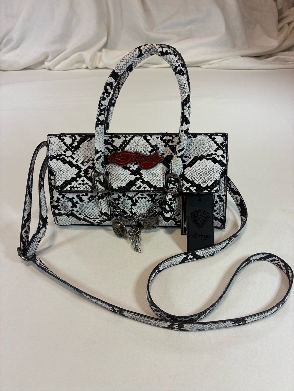 Ed Hardy Black & White Snake-Print Mini Satchel